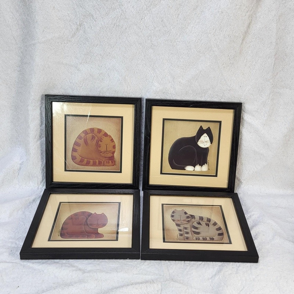 Fiddlestix Primitive Cat Art Framed Prints Set of 4 Folk Art Wall Decor Black